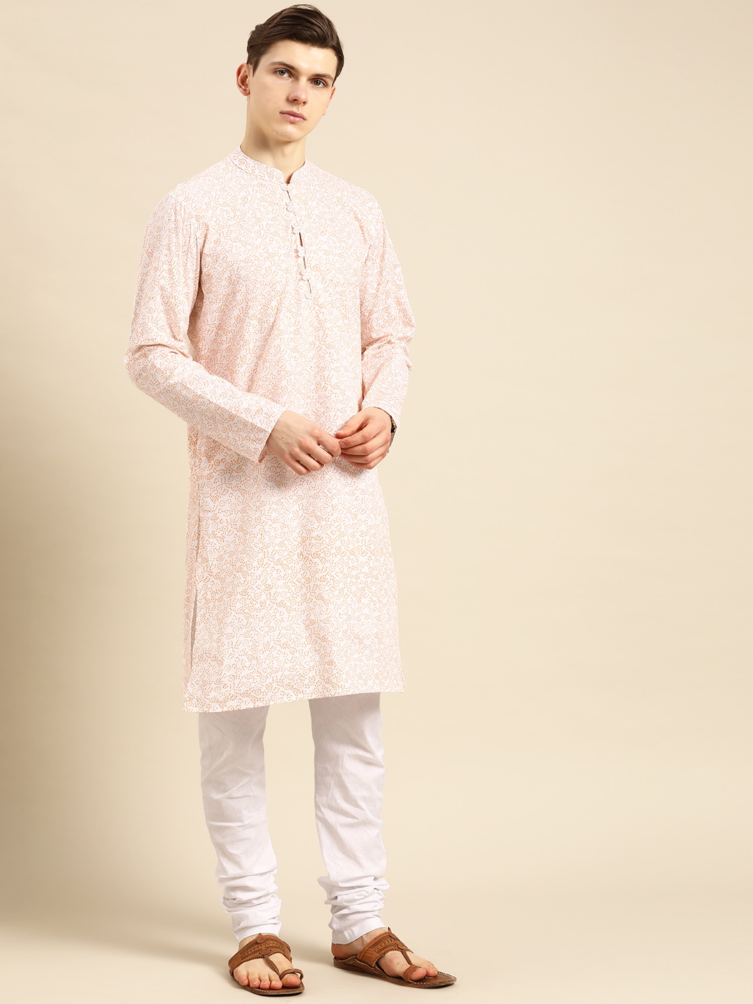 

Anouk Men White & Orange Printed Pure Cotton Kurta Set