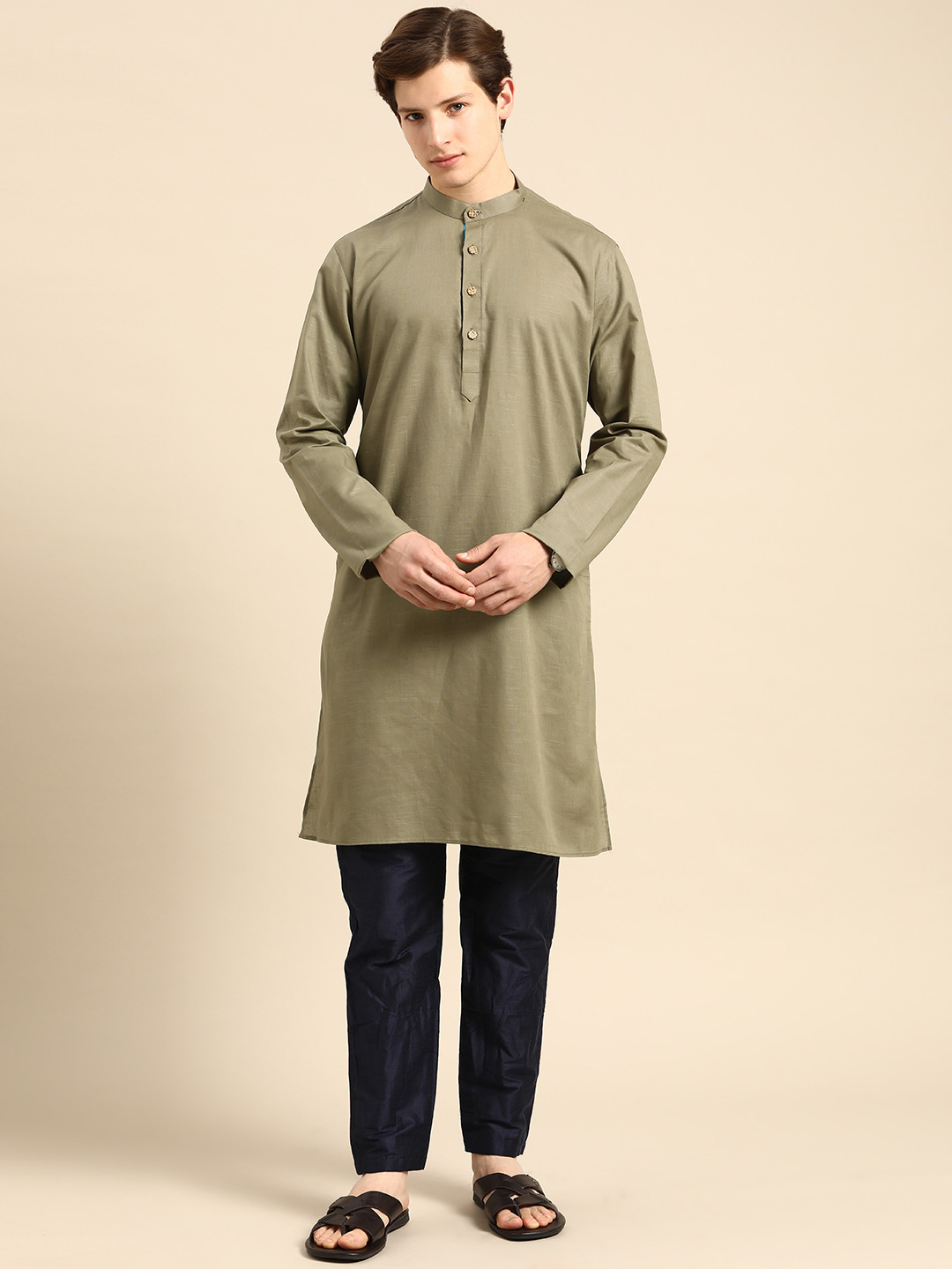 

Anouk Men Green Solid Kurta with Trousers