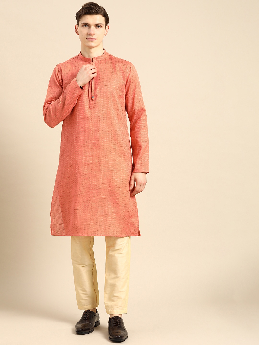 

Anouk Men Peach-Coloured Woven Design Kurta with Trousers