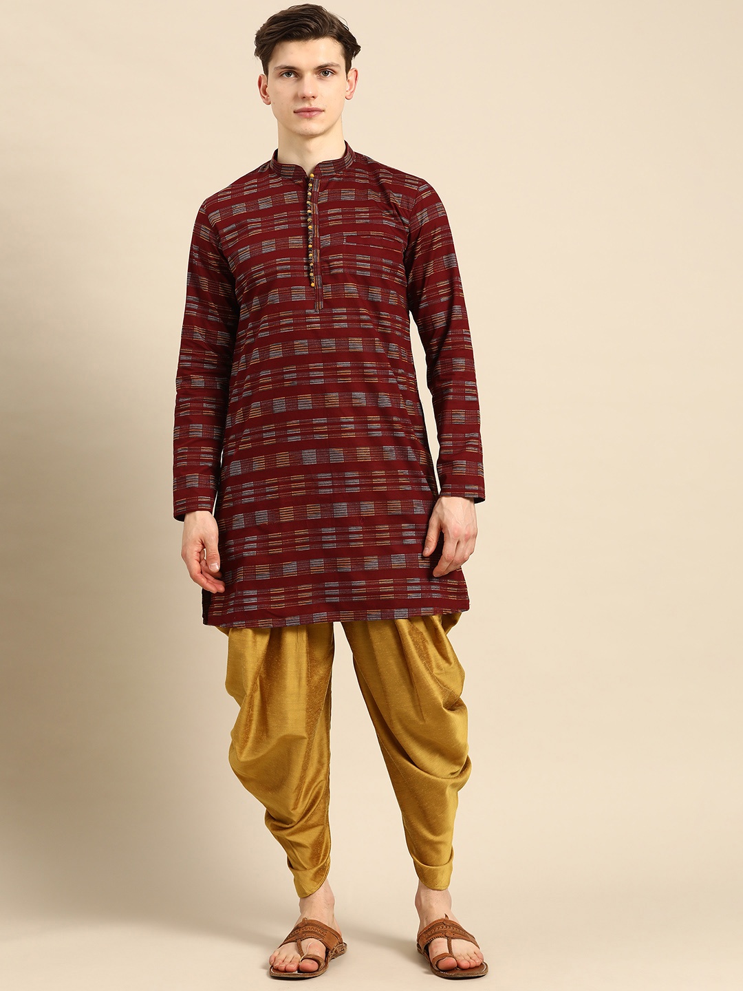 

Anouk Men Maroon & Yellow Embroidered Kurta Set