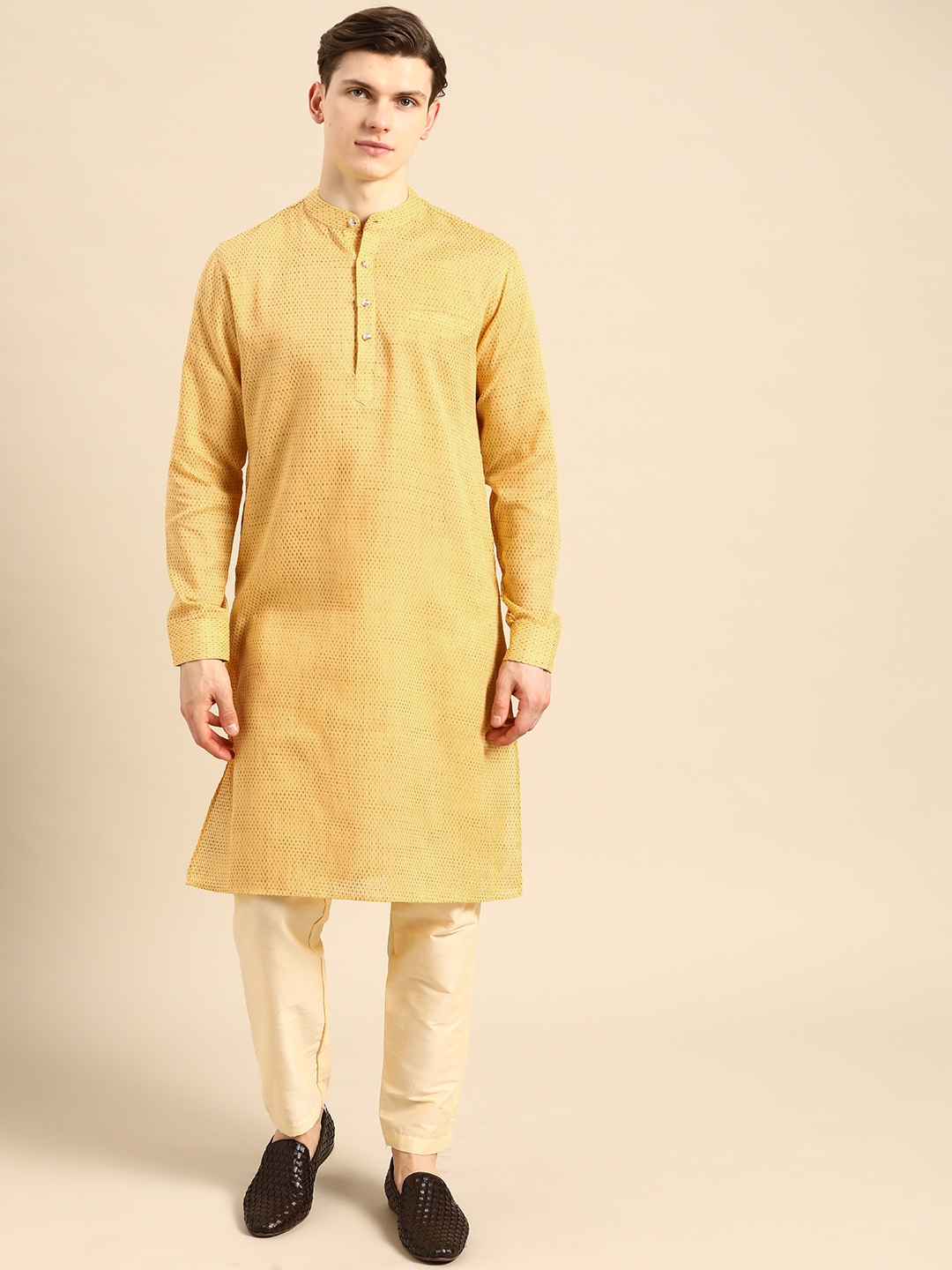 

Anouk Men Yellow & Cream Woven Design Kurta Set