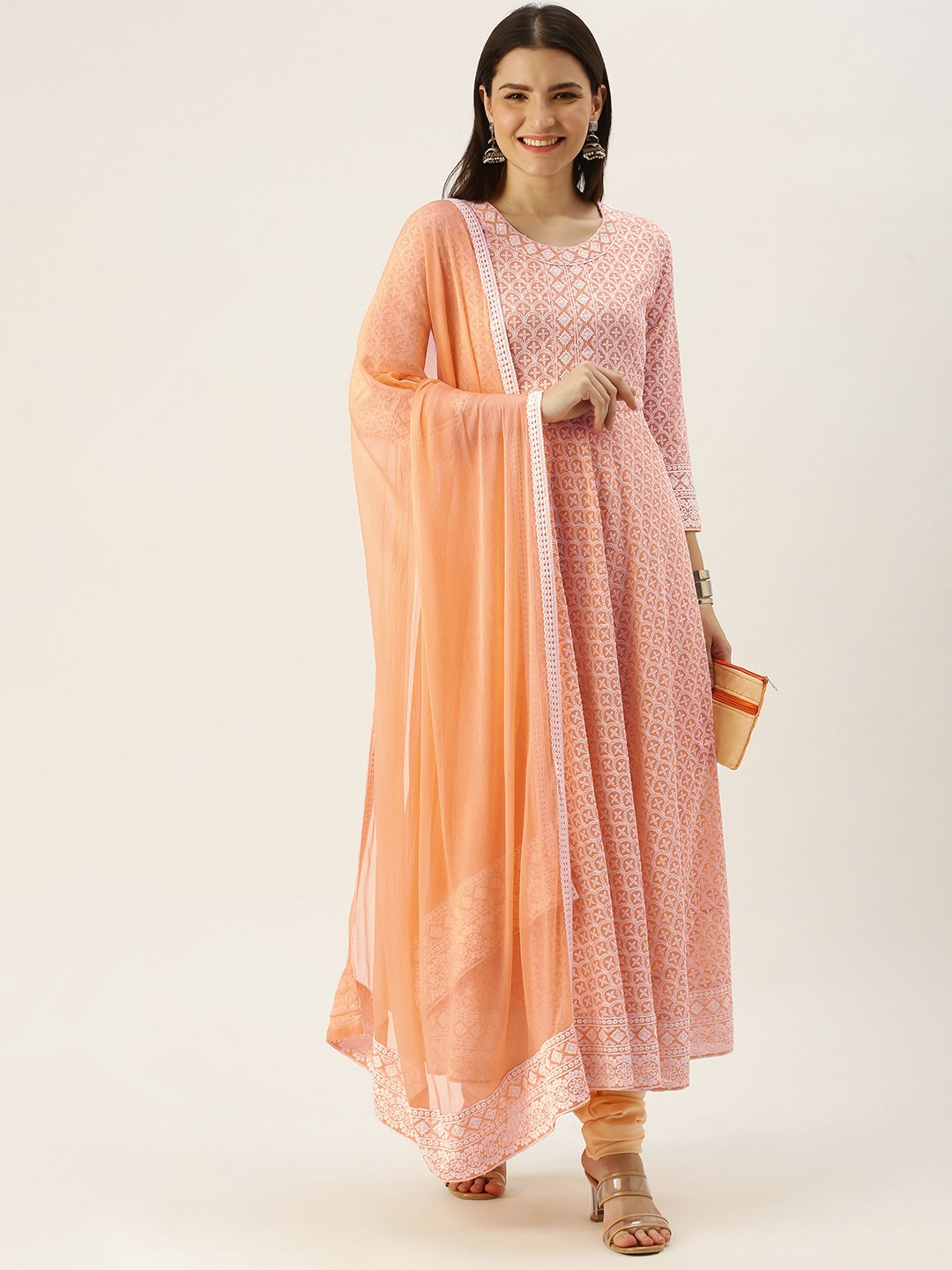 

SWAGG INDIA Women Orange Ethnic Motifs Chikankari Kurta with Churidar & Dupatta