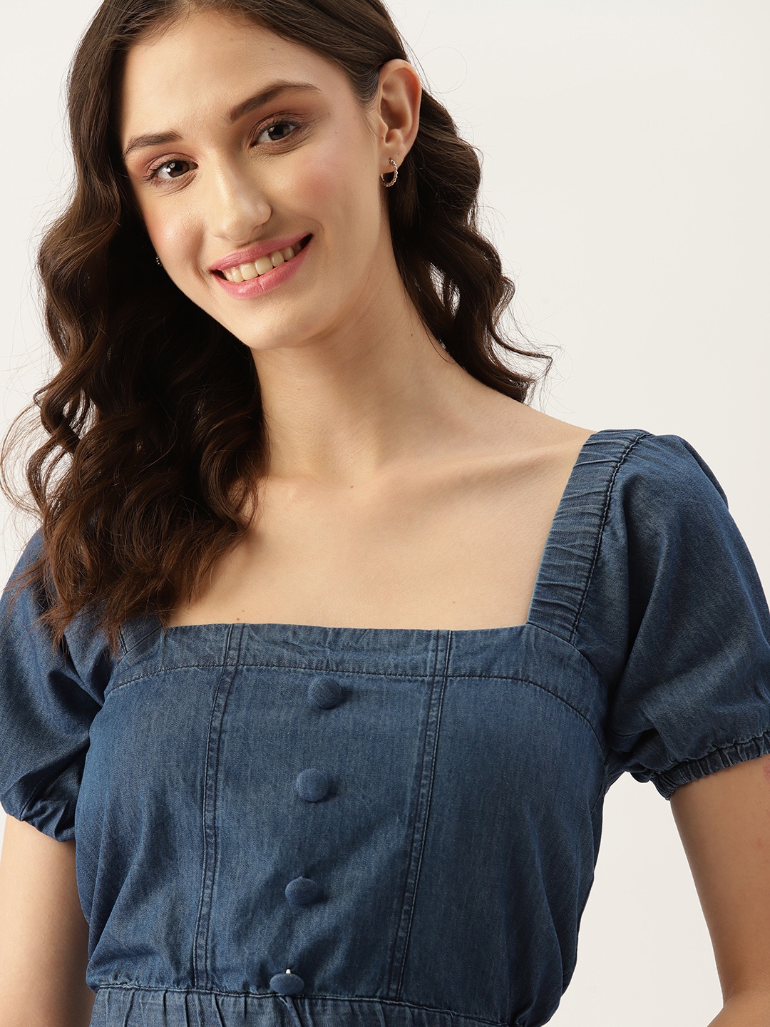 

DressBerry Cotton Chambray Blouson Crop Top, Blue