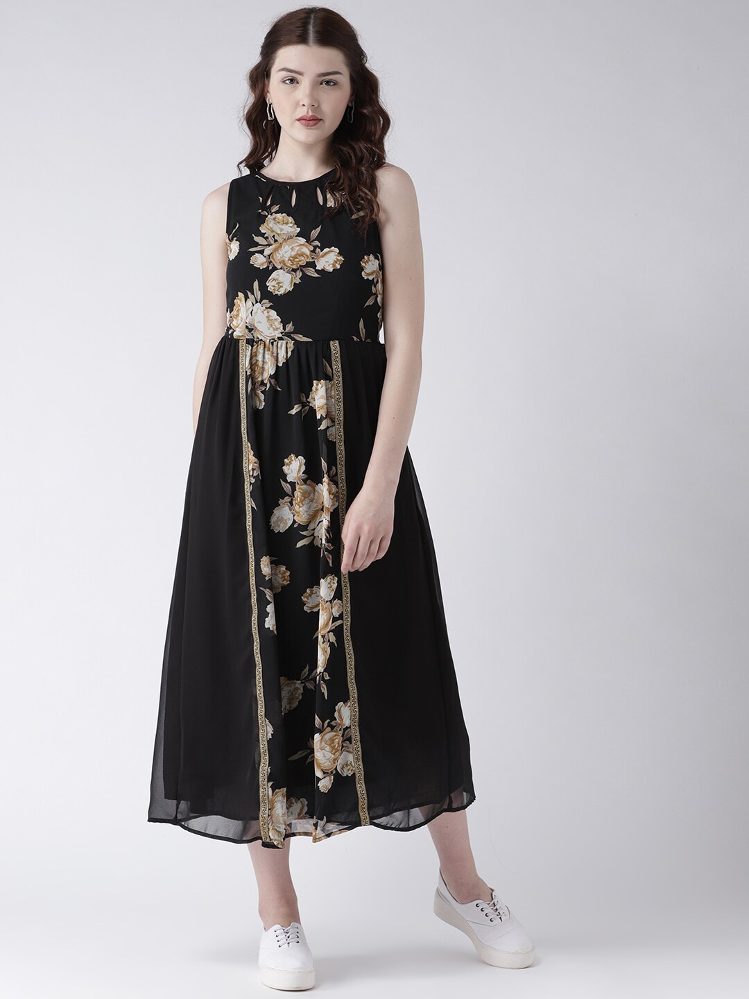

DODO & MOA Black & Brown Floral Keyhole Neck Georgette Maxi Midi Dress