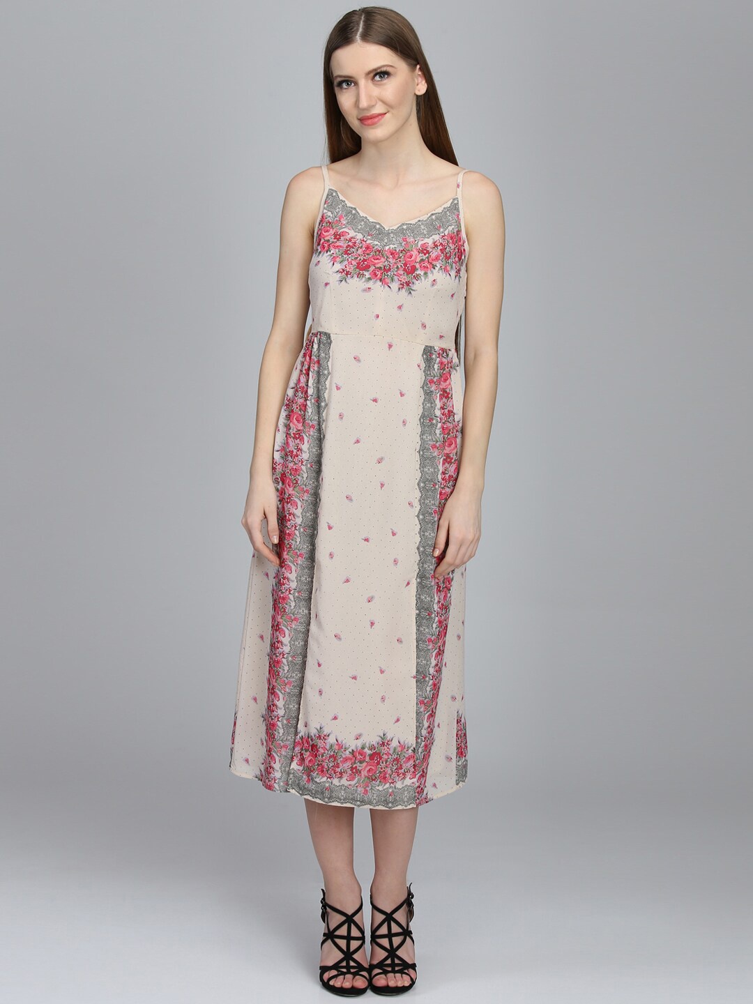 

DODO & MOA Beige Ethnic Motifs Crepe A-Line Midi Dress