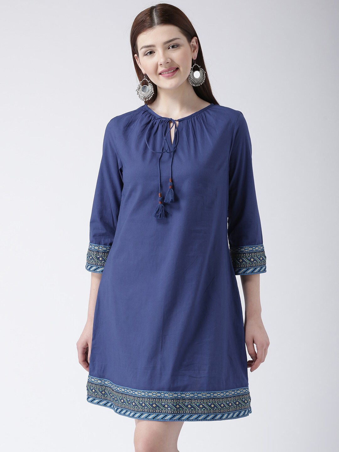 

DODO & MOA Blue Tie-Up Neck A-Line Dress