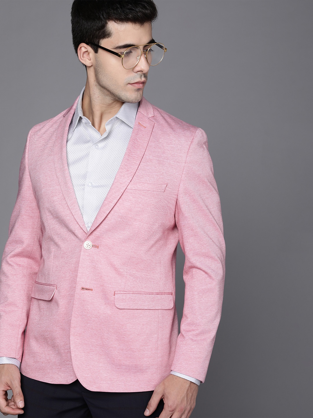 

Louis Philippe Sport Men Pink Solid Pure Cotton Single Breasted Blazer