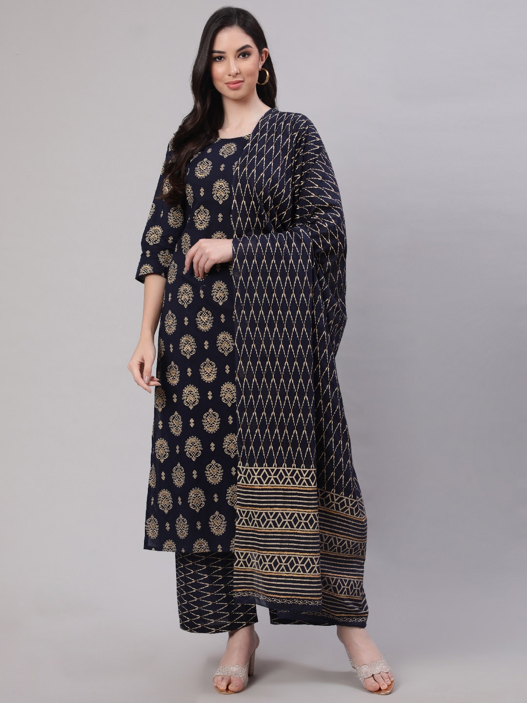 

Nayo Women Navy Blue Ethnic Motifs Printed Pure Cotton Kurta Set With Dupatta