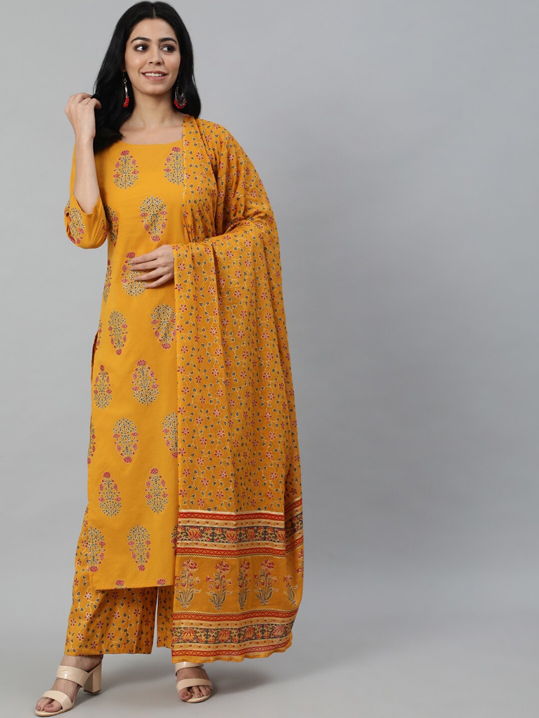 

Nayo Women Mustard Yellow Floral Printed Pure Cotton Kurta with Trousers & With Dupatta