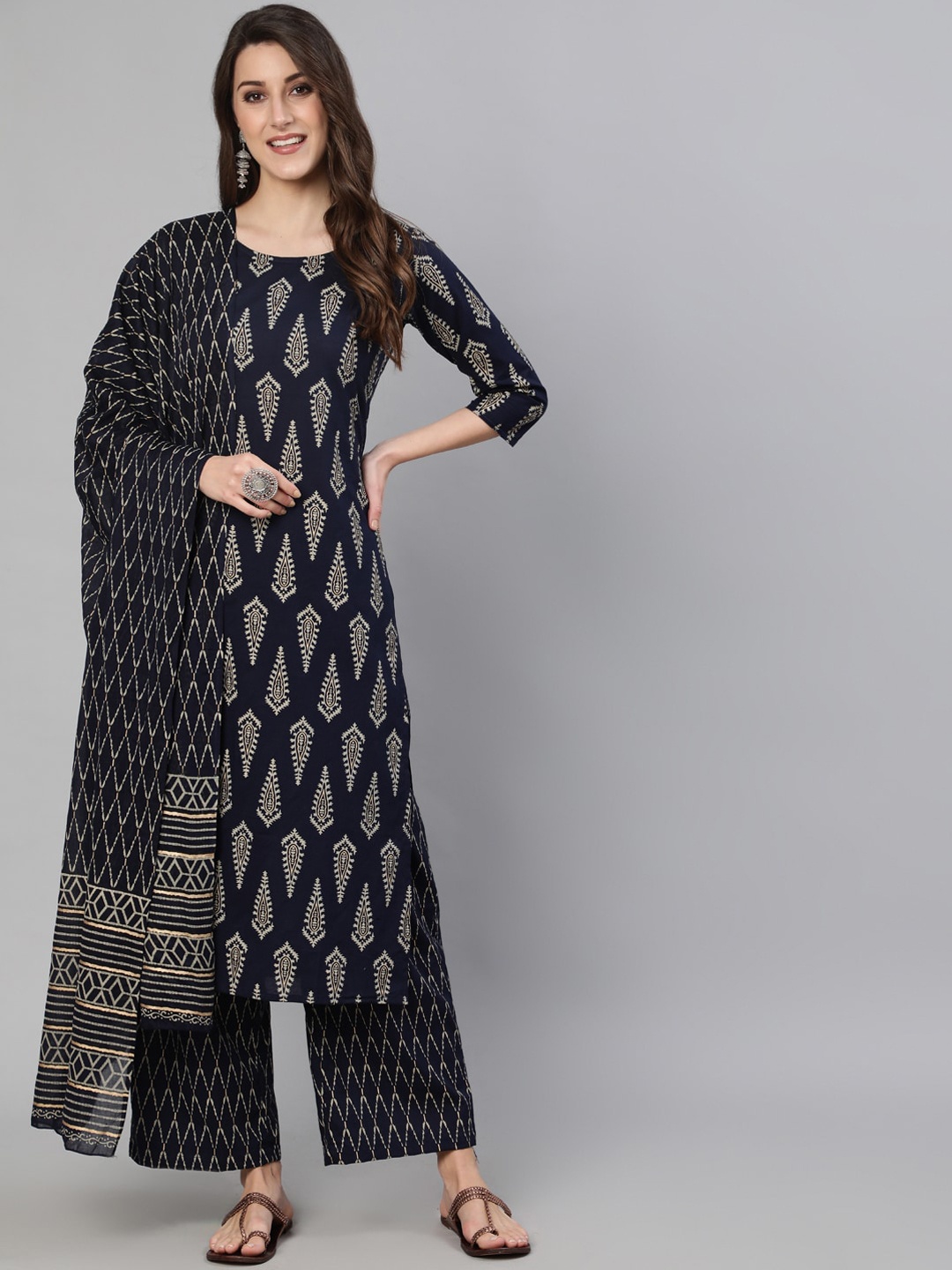 

Nayo Women Navy Blue Ethnic Motifs Printed Regular Pure Cotton Kurta with Palazzos & With Dupatta
