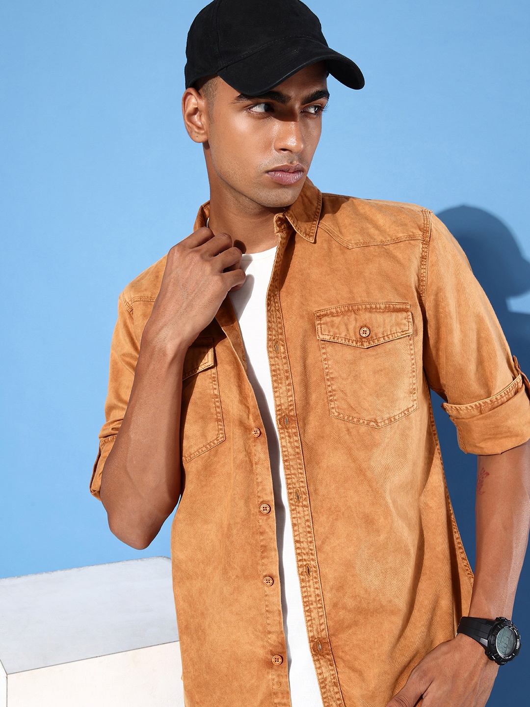 

HERE&NOW Men Pure Cotton Solid Slim Fit Opaque Casual Shirt, Brown