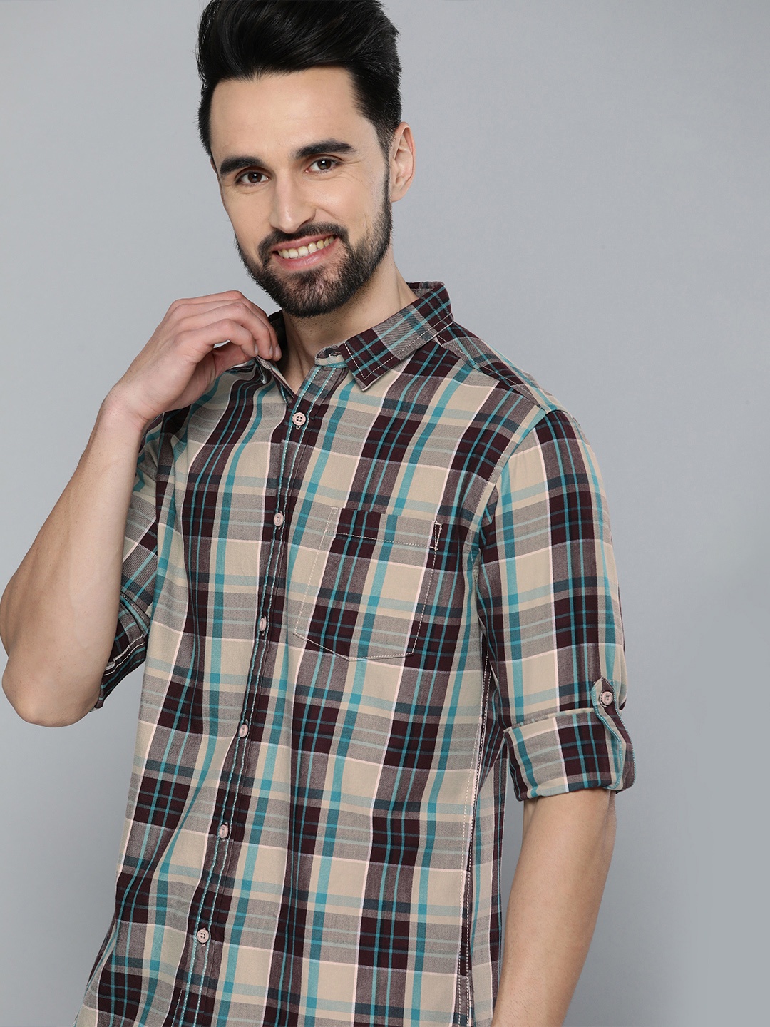 

HERE&NOW Men Beige Slim Fit Checked Casual Shirt