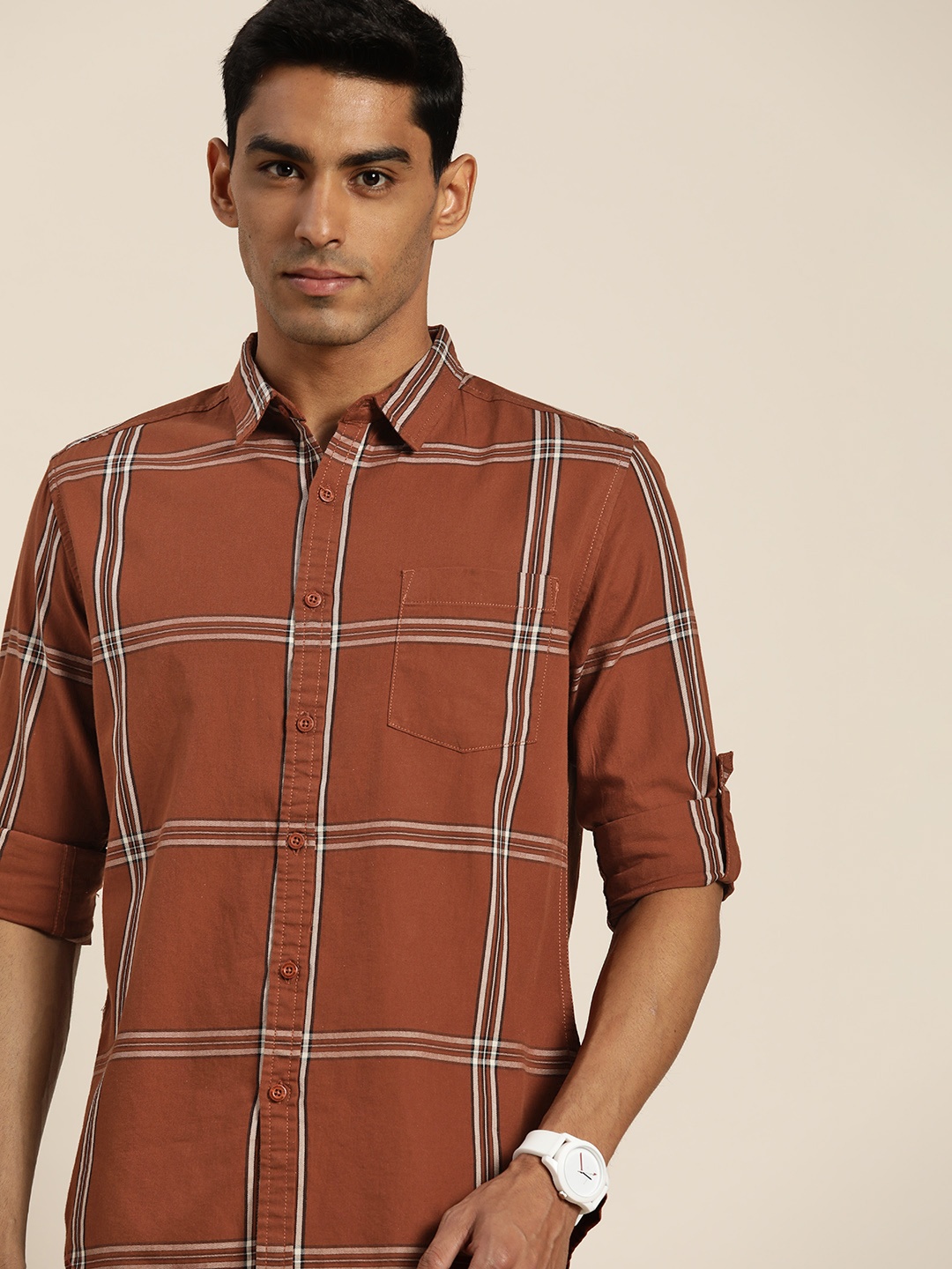 

Moda Rapido Men Rust Brown & Off-White Slim Fit Checked Pure Cotton Casual Shirt