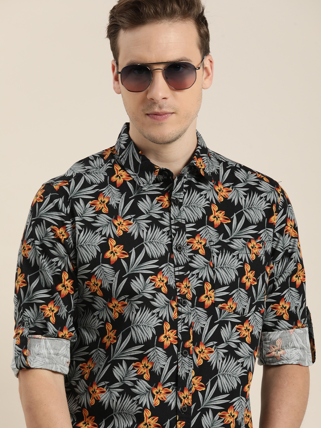 

Moda Rapido Men Blue And Orange Slim Fit Tropical Printed Sustainable Casual Shirt