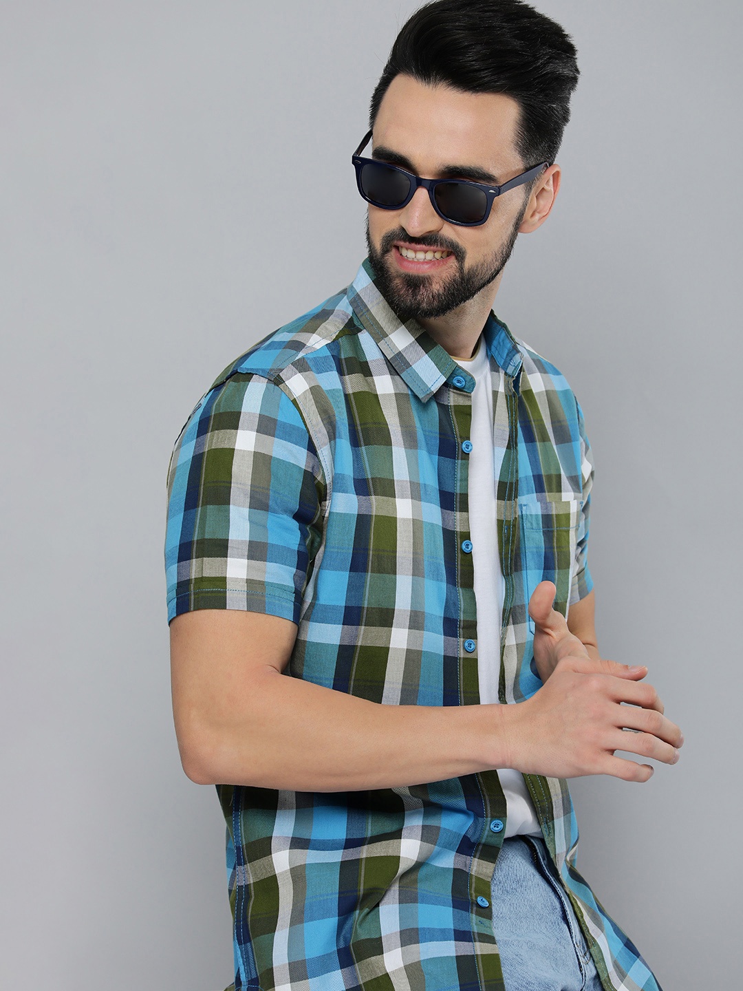

HERE&NOW Men Blue & Olive Green Slim Fit Checked Pure Cotton Casual Shirt