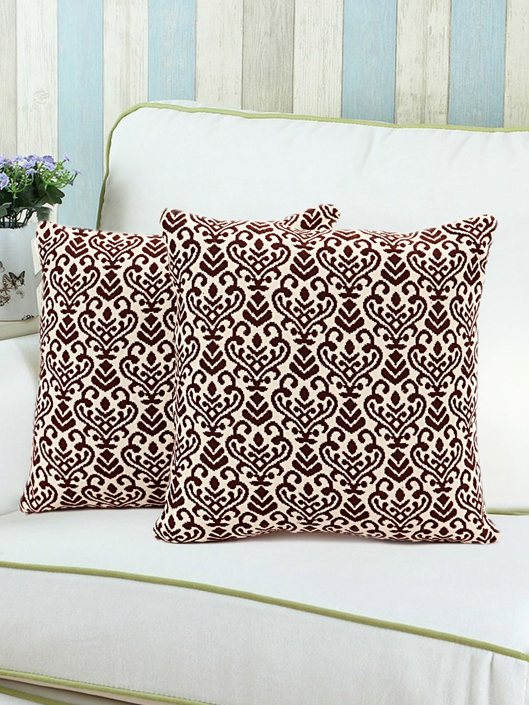 

Saral Home Brown & White Set of 2 Patterned 16" x 16" Square Cushion Covers