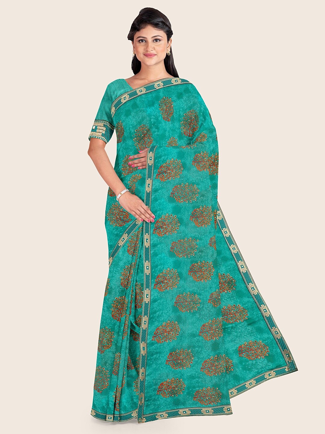 

Pothys Green & Red Floral Saree