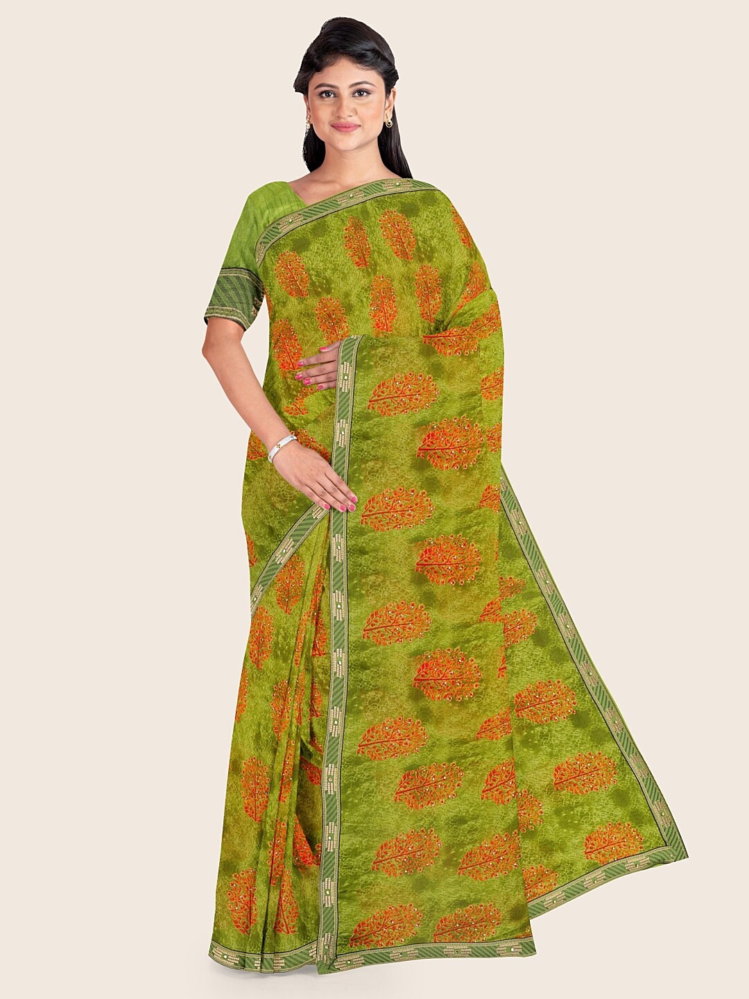 

Pothys Green & Orange Floral Printed Beads and Stones Poly Chiffon Saree