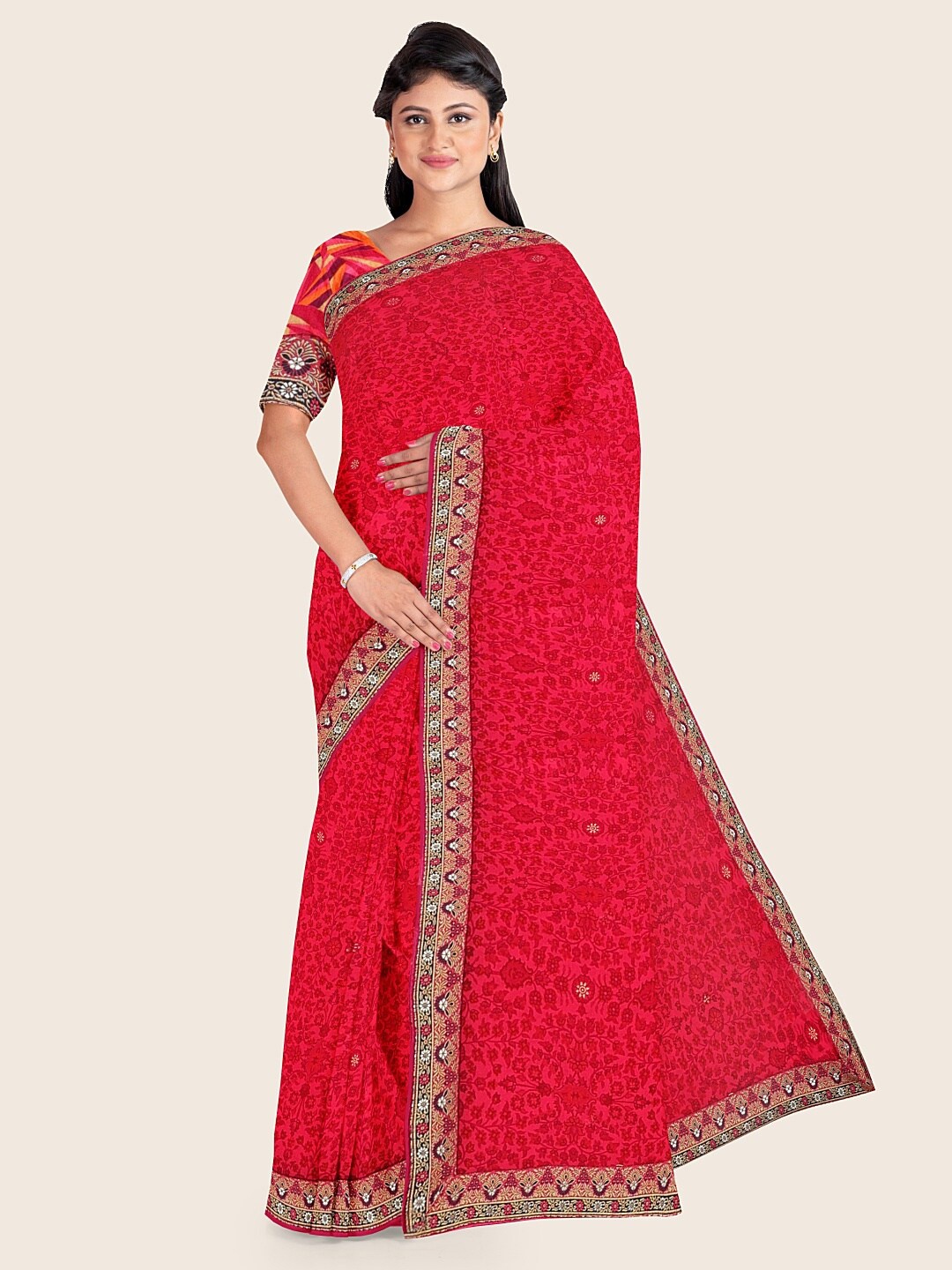 

Pothys Pink & Beige Floral Printed Poly Chiffon Saree