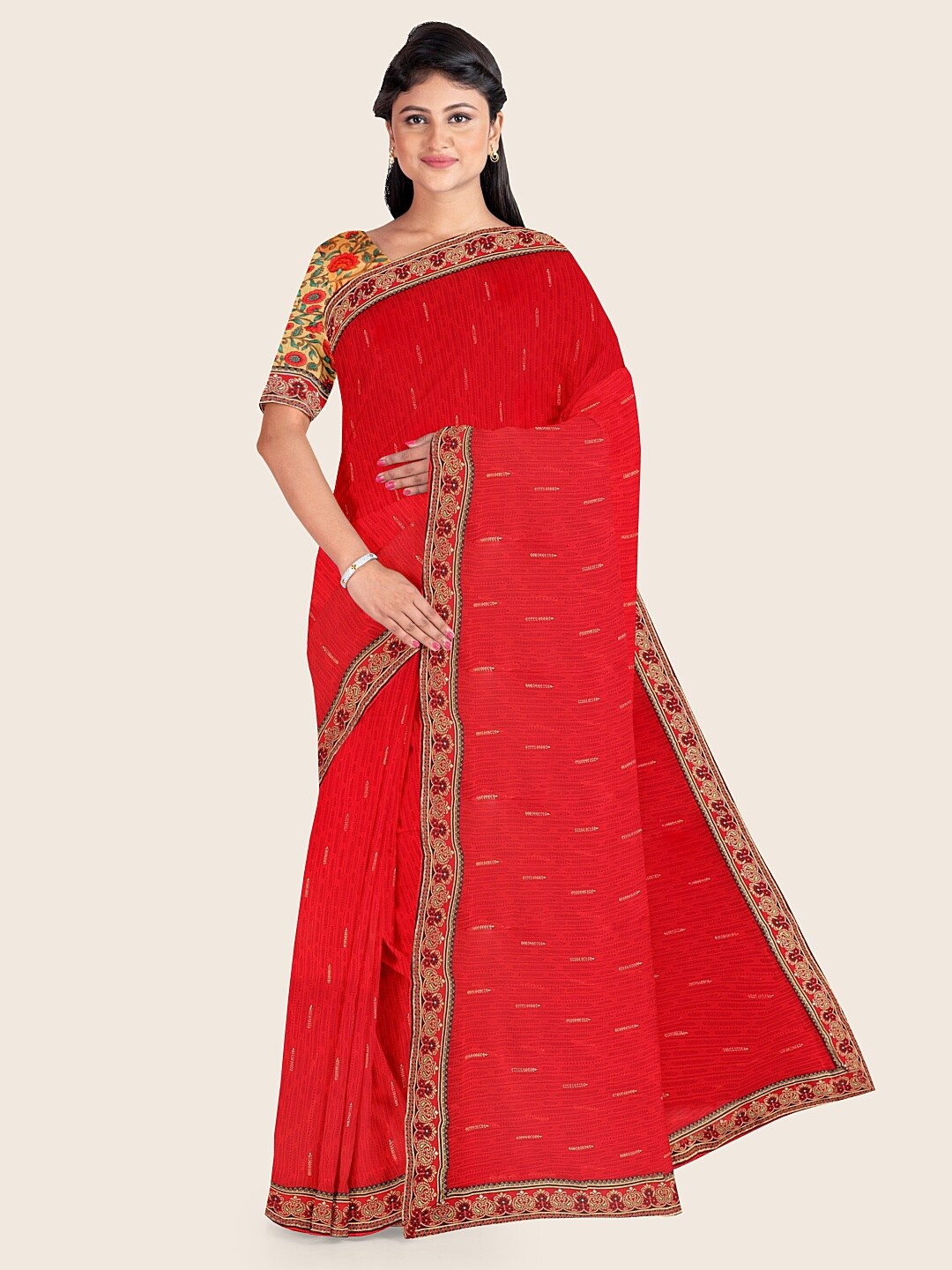 

Pothys Red & Gold-Toned Geometric Printed Floral Border Saree