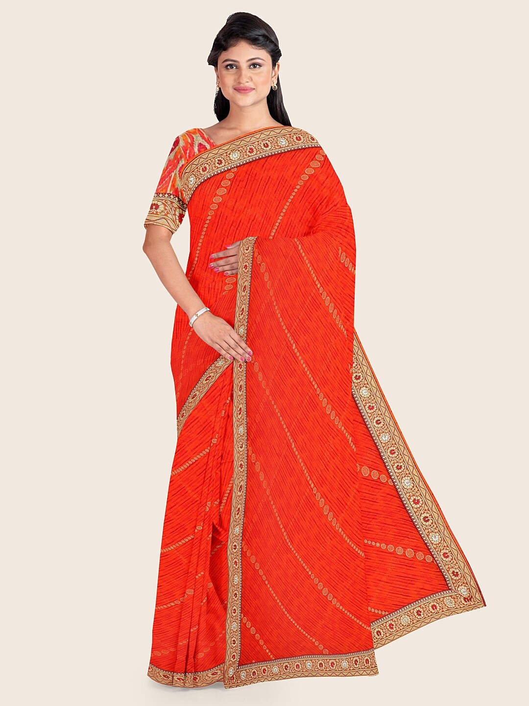 

Pothys Orange & Gold-Toned Abstract Printed Poly Chiffon Saree