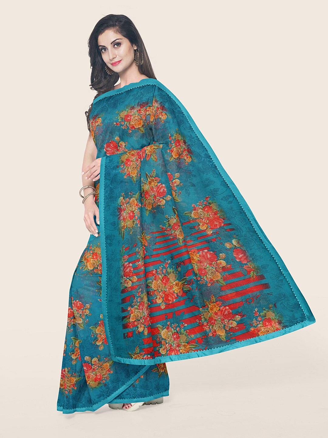 

Pothys Blue & Orange Floral Printed Jute Silk Saree