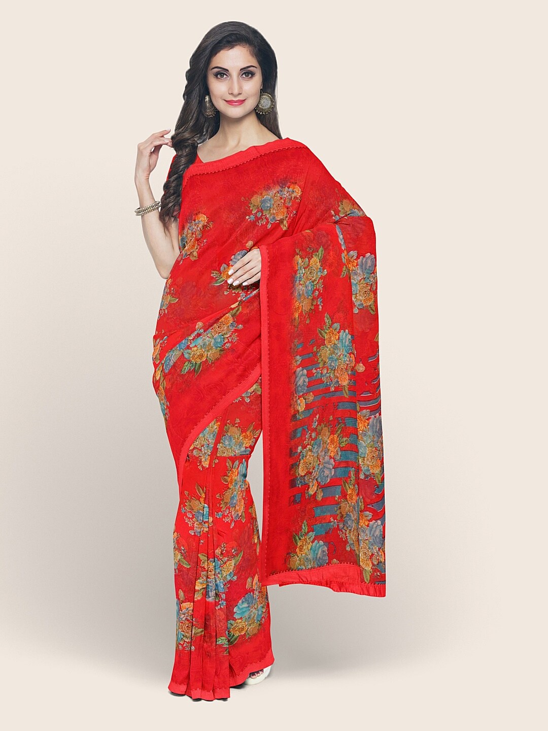 

Pothys Red & Blue Floral Printed Poly Chiffon Saree