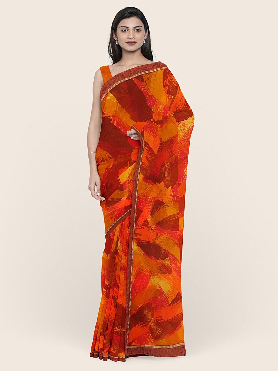 

Pothys Orange & Brown Abstract Printed Jute Silk Saree
