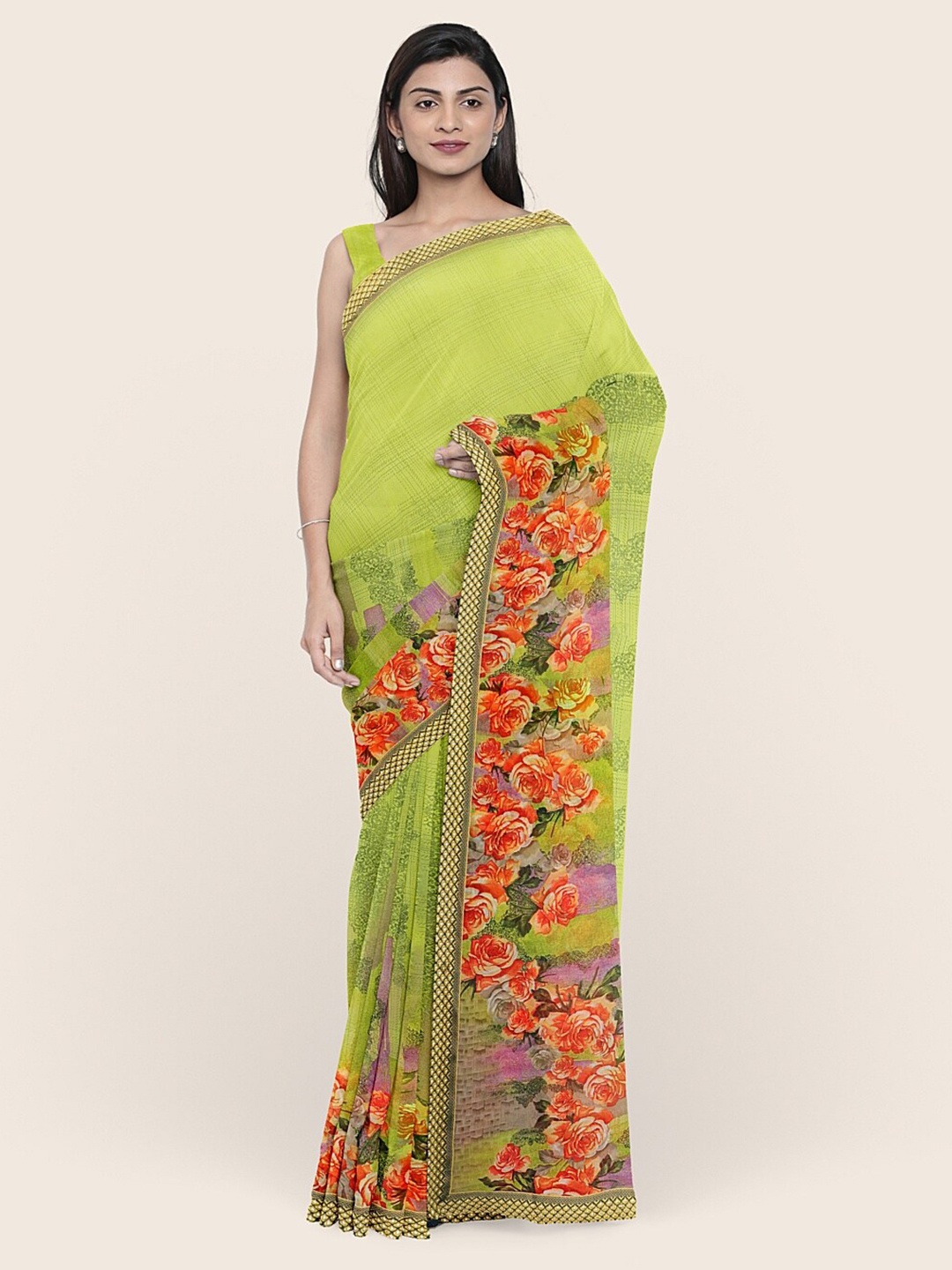 

Pothys Green & Red Floral Printed Poly Chiffon Saree