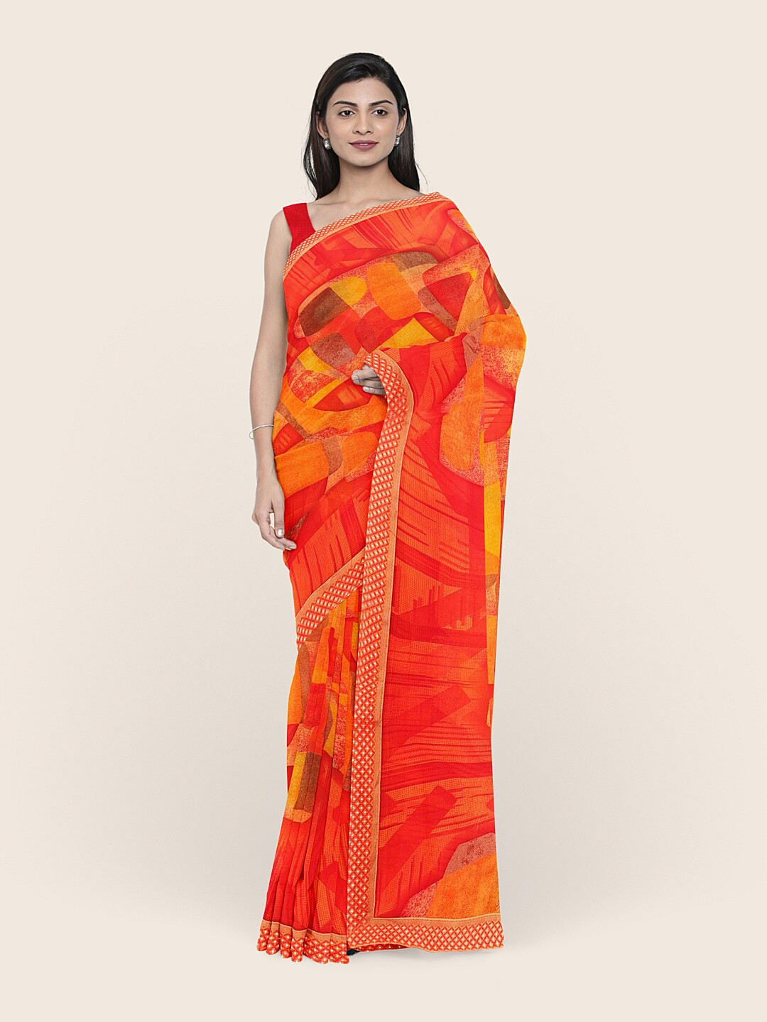 

Pothys Orange & Yellow Printed Jute Silk Saree