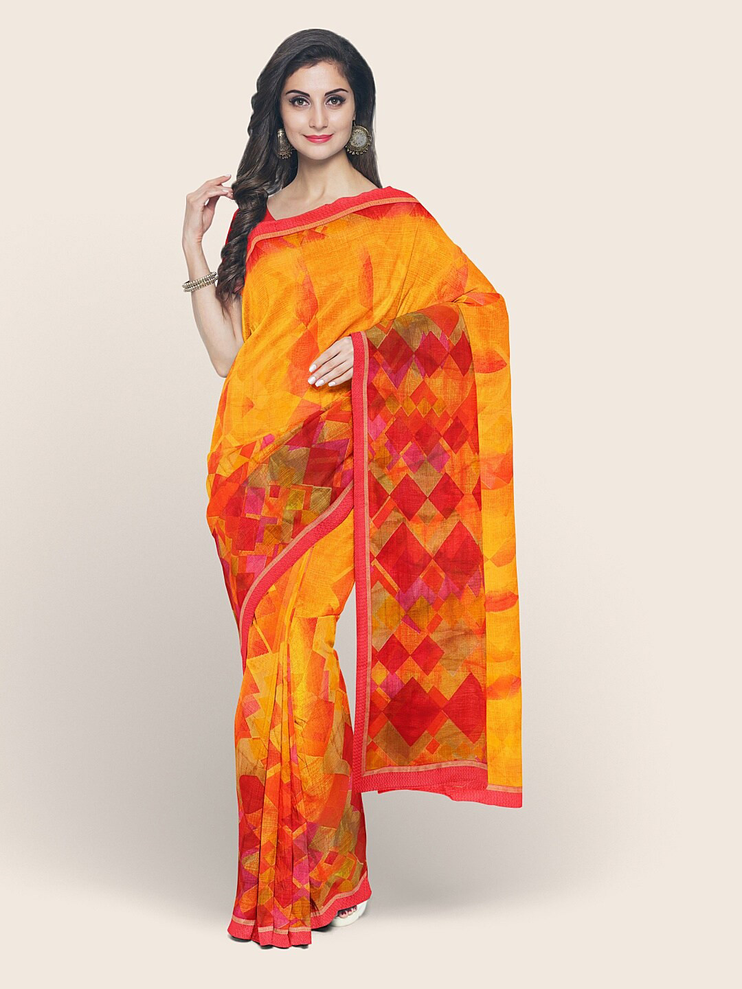 

Pothys Yellow Geometric Printed Jute Silk Saree