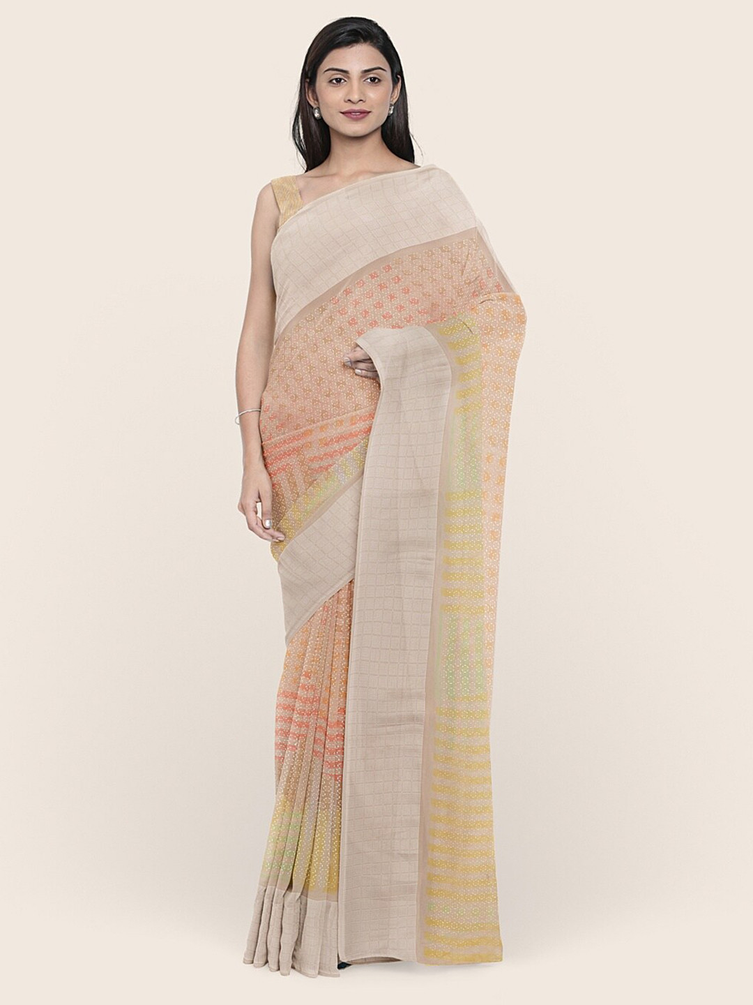 

Pothys Cream-Coloured & Pink Printed Saree