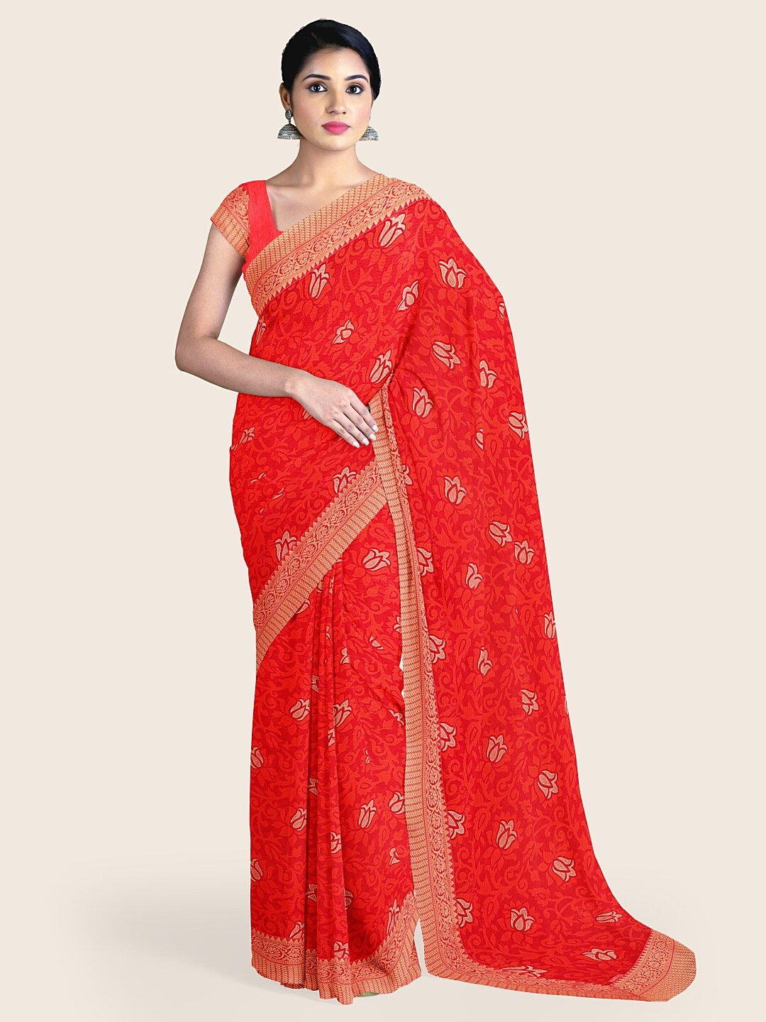 

Pothys Red & Beige Floral Printed Saree