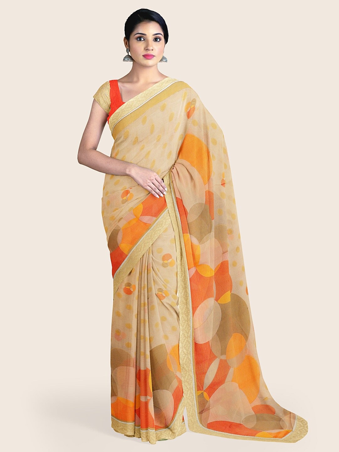 

Pothys Cream & Orange Geometric Printed Saree