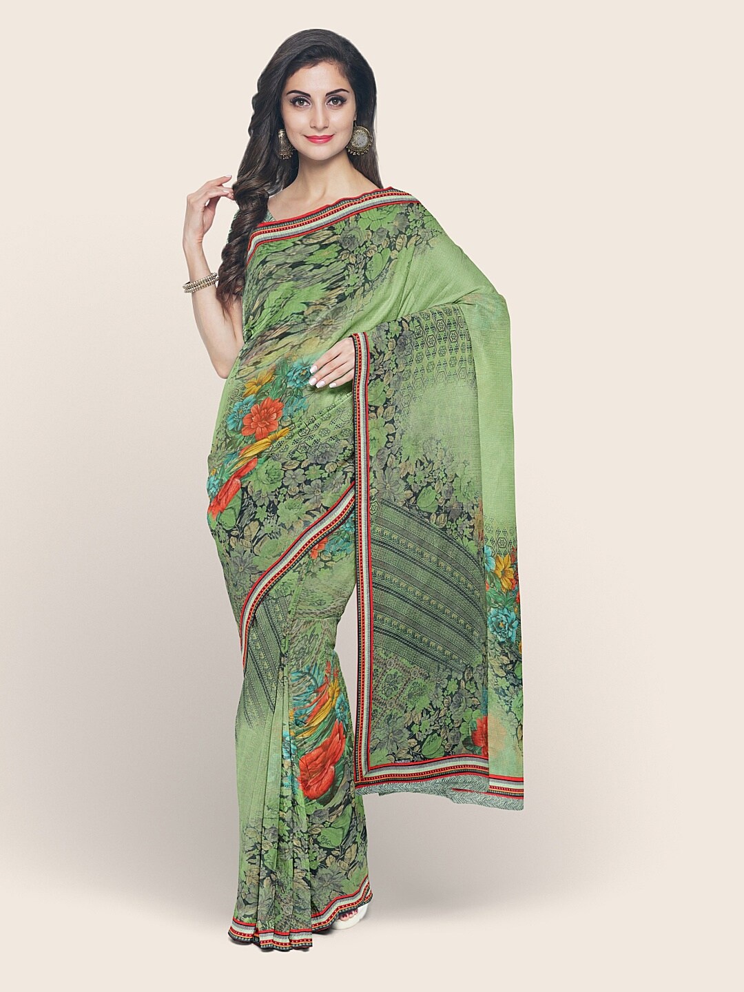 

Pothys Green & Orange Floral Saree
