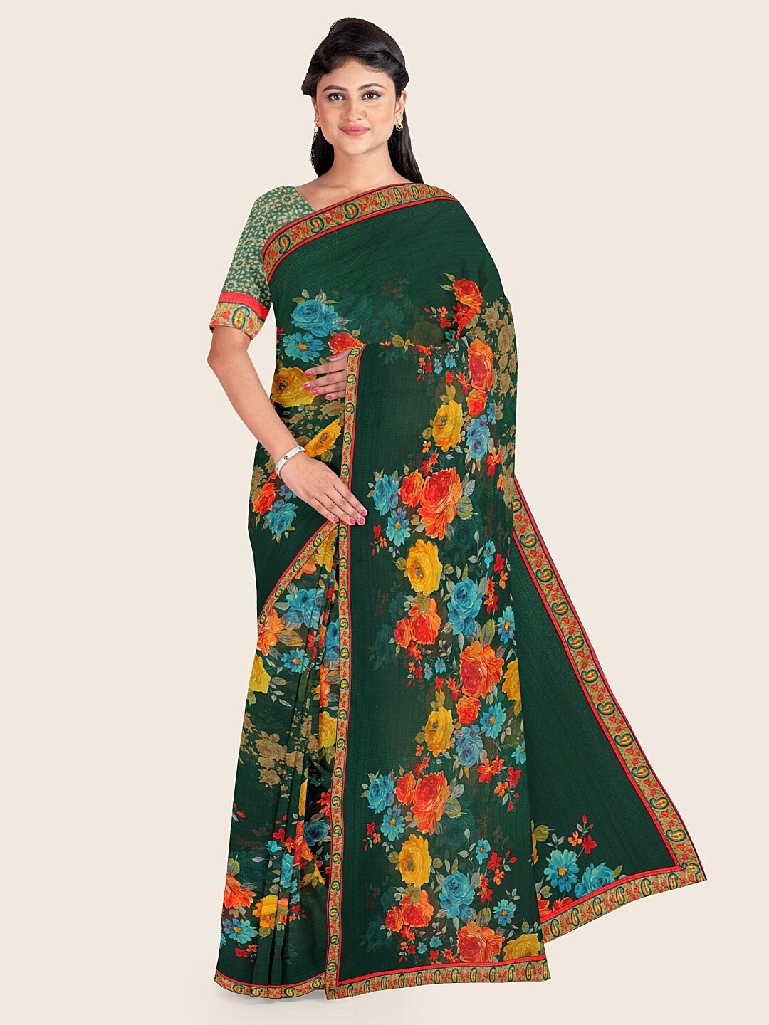 

Pothys Green & Multi Color Floral Printed Saree