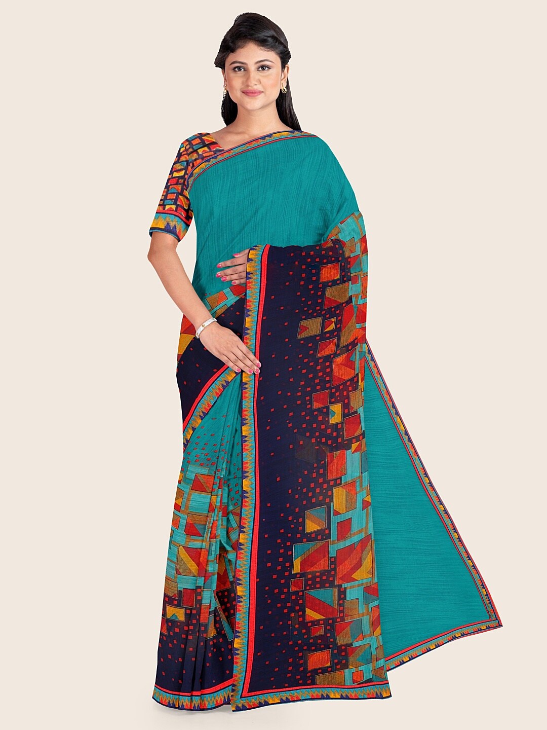 

Pothys Blue & Orange Printed Chiffon Saree