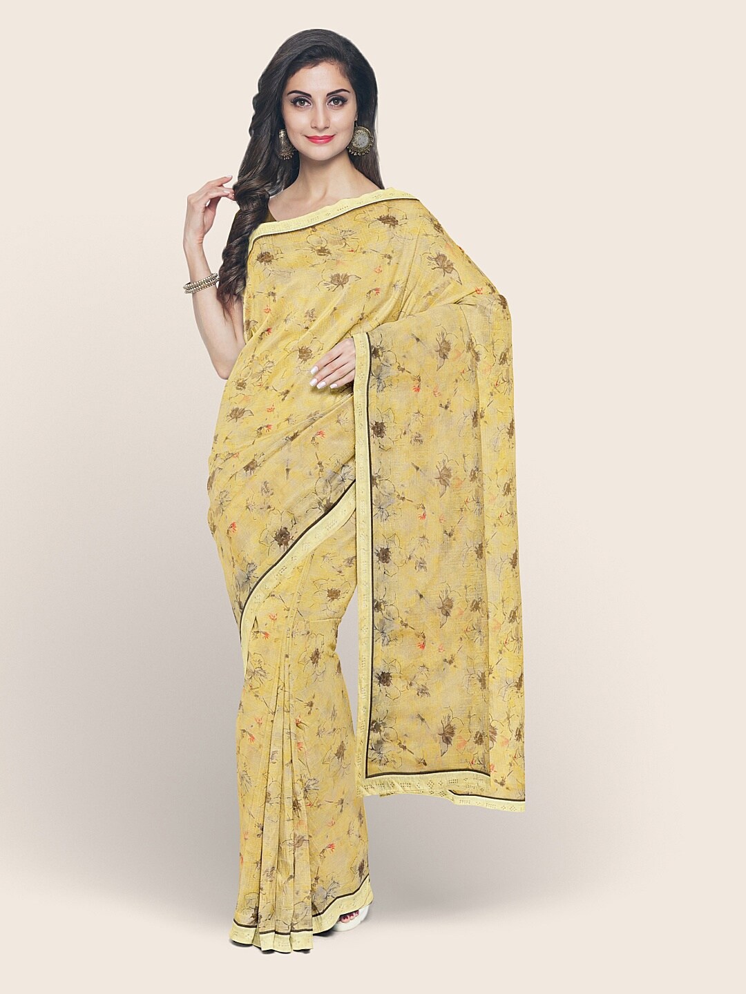 

Pothys Yellow & Brown Floral Printed Beads and Stones Poly Chiffon Saree
