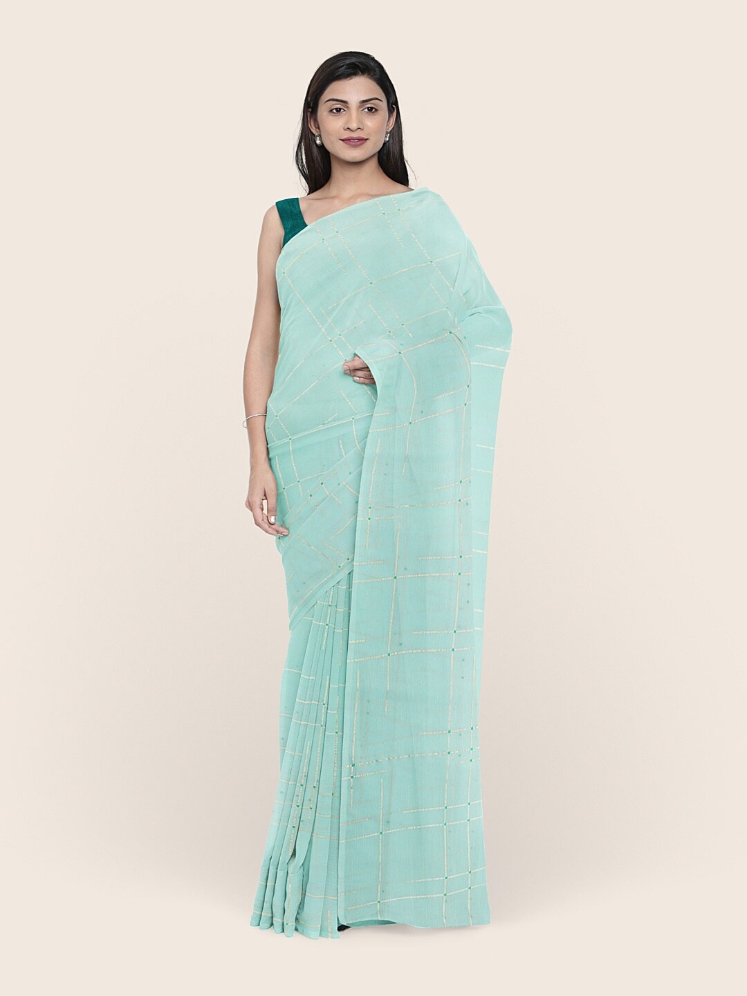 

Pothys Green Checked Printed Poly Chiffon Saree