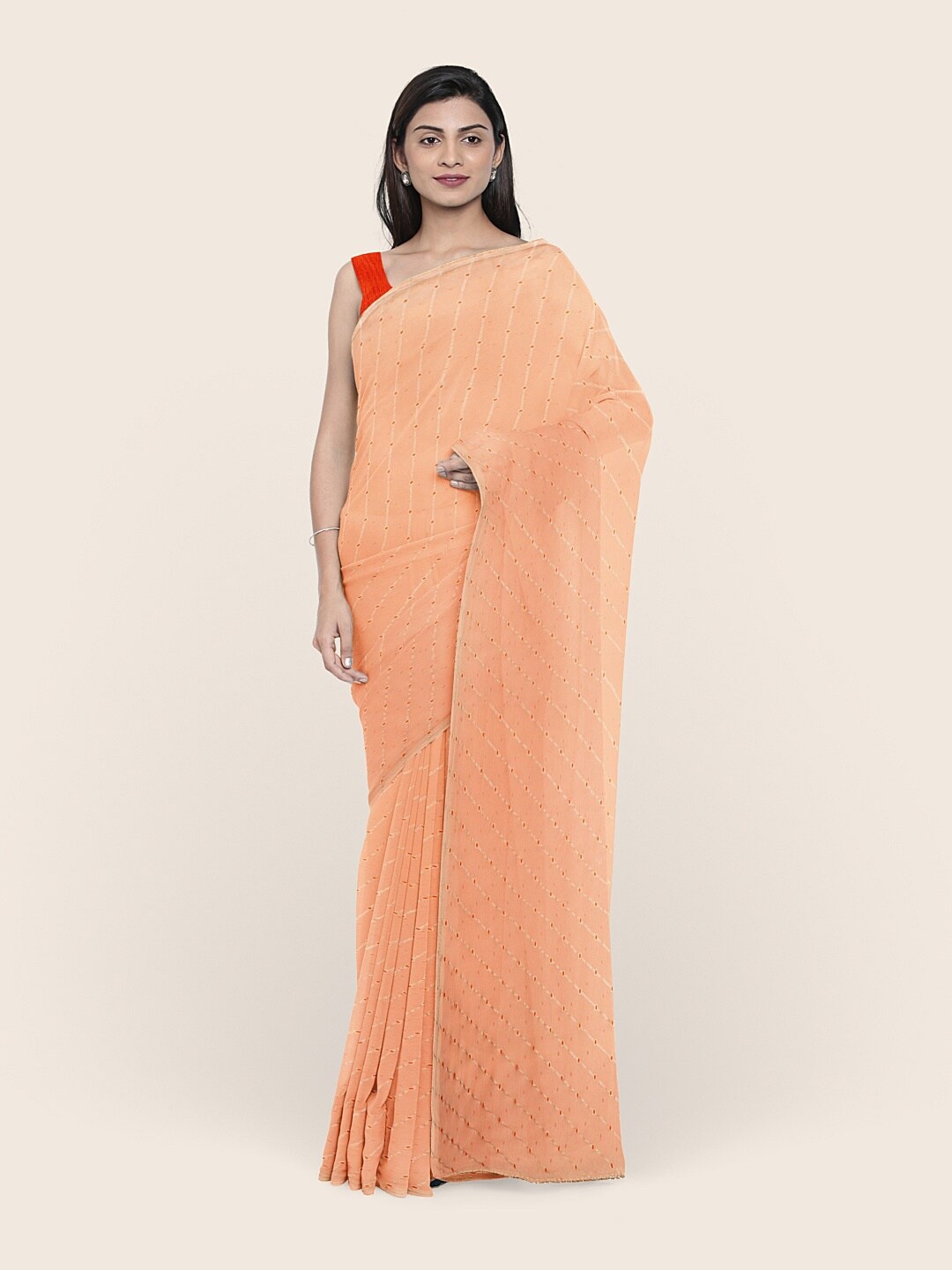 

Pothys Peach & Pink Striped Printed Saree