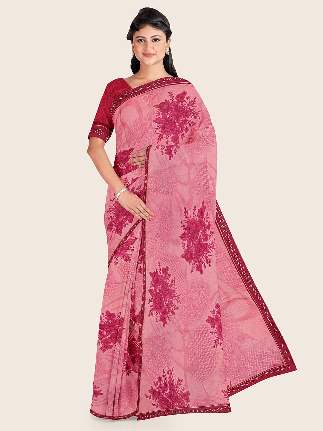 

Pothys Pink & Purple Floral Printed Saree