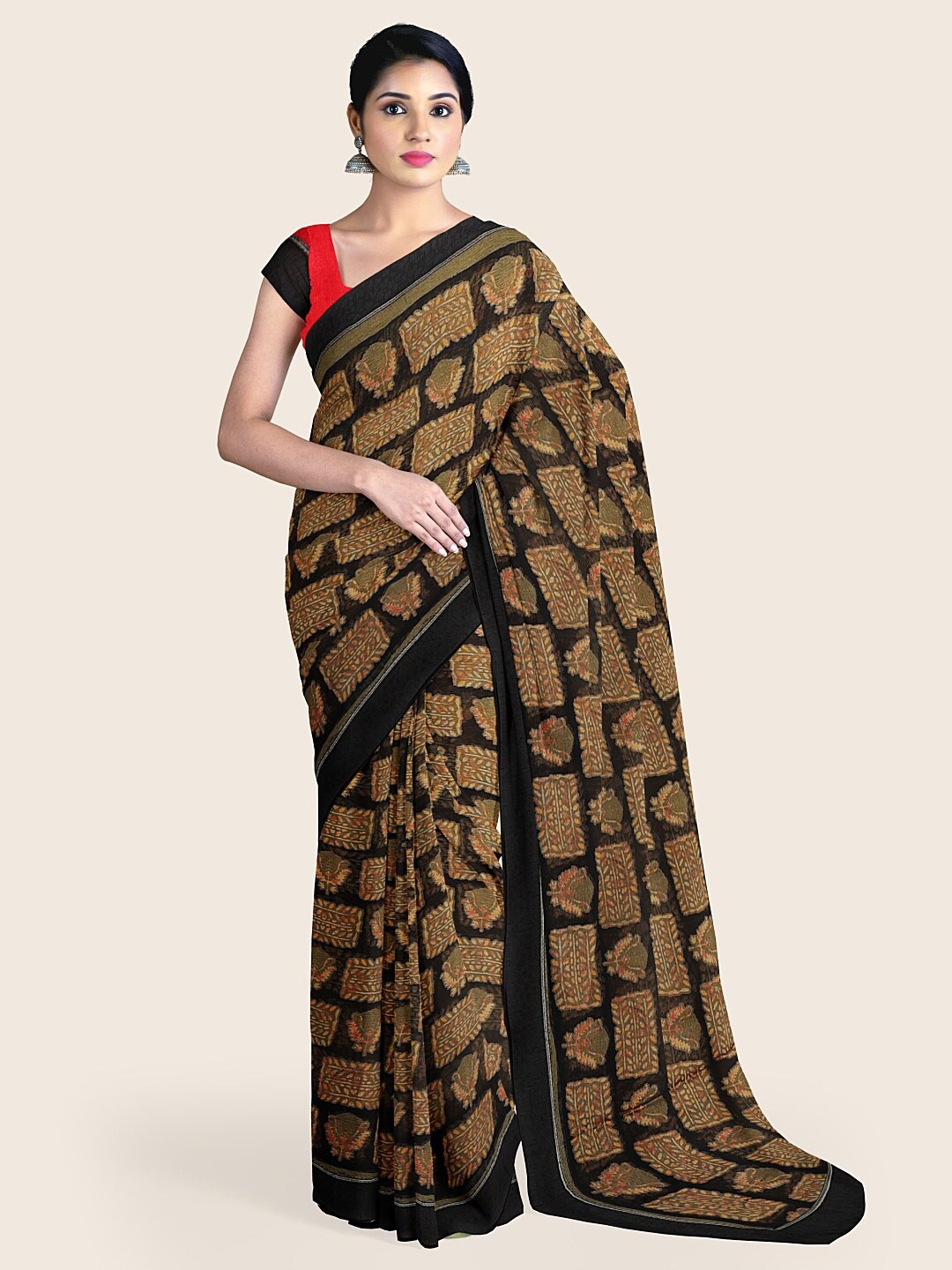 

Pothys Black & Mustard Ethnic Motifs Printed Saree