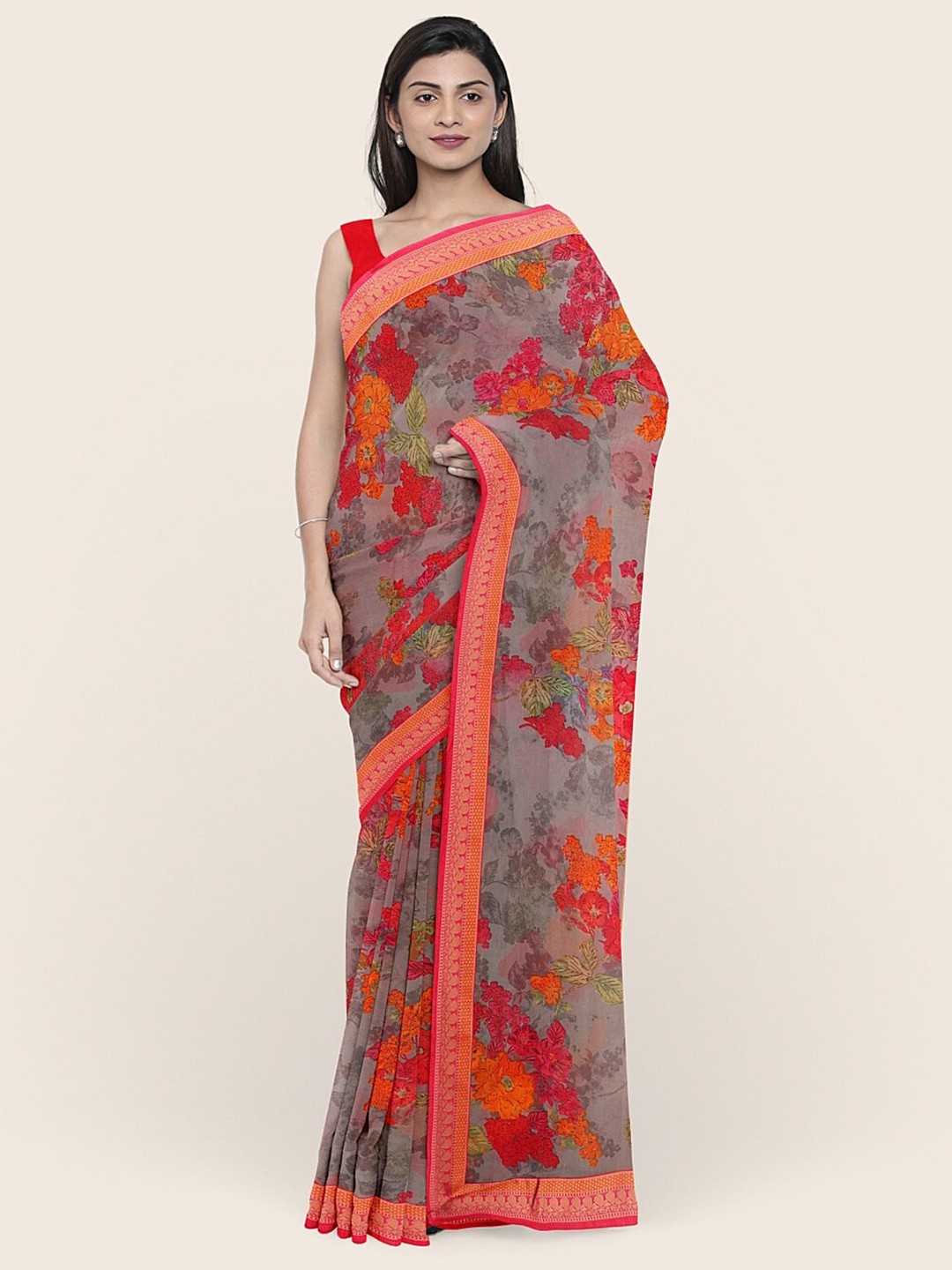 

Pothys Grey & Red Floral Printed Saree