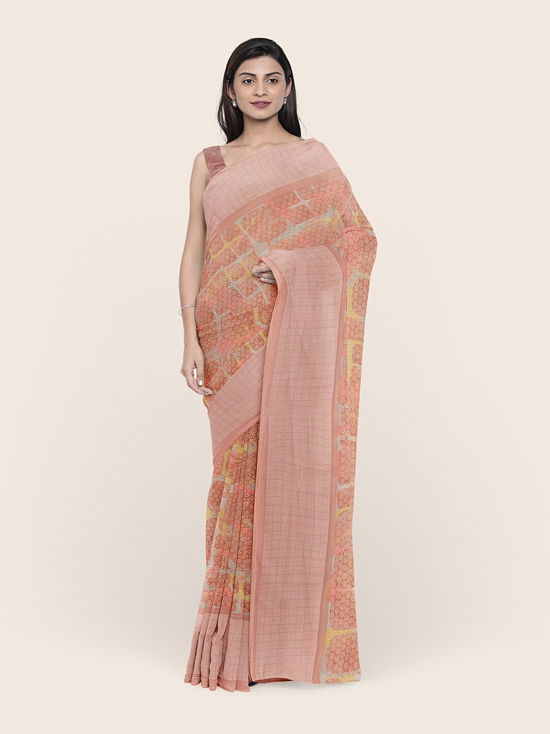 

Pothys Peach-Coloured & Blue Geometric Printed Saree