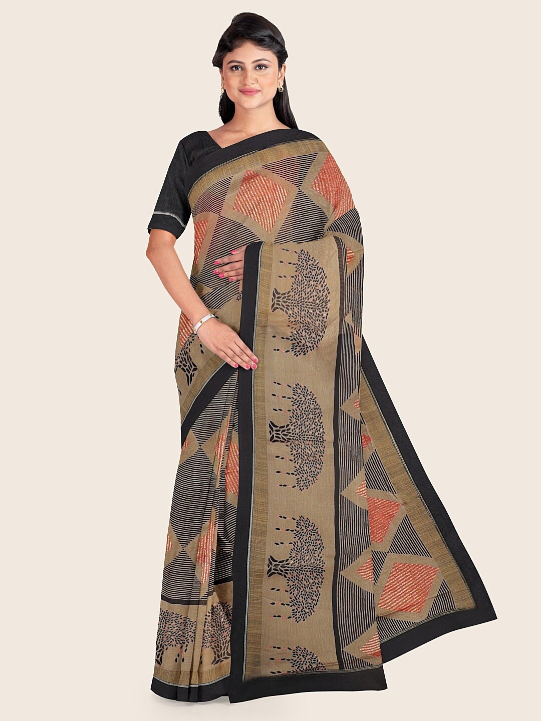 

Pothys Brown & Black Printed Poly Chiffon Saree