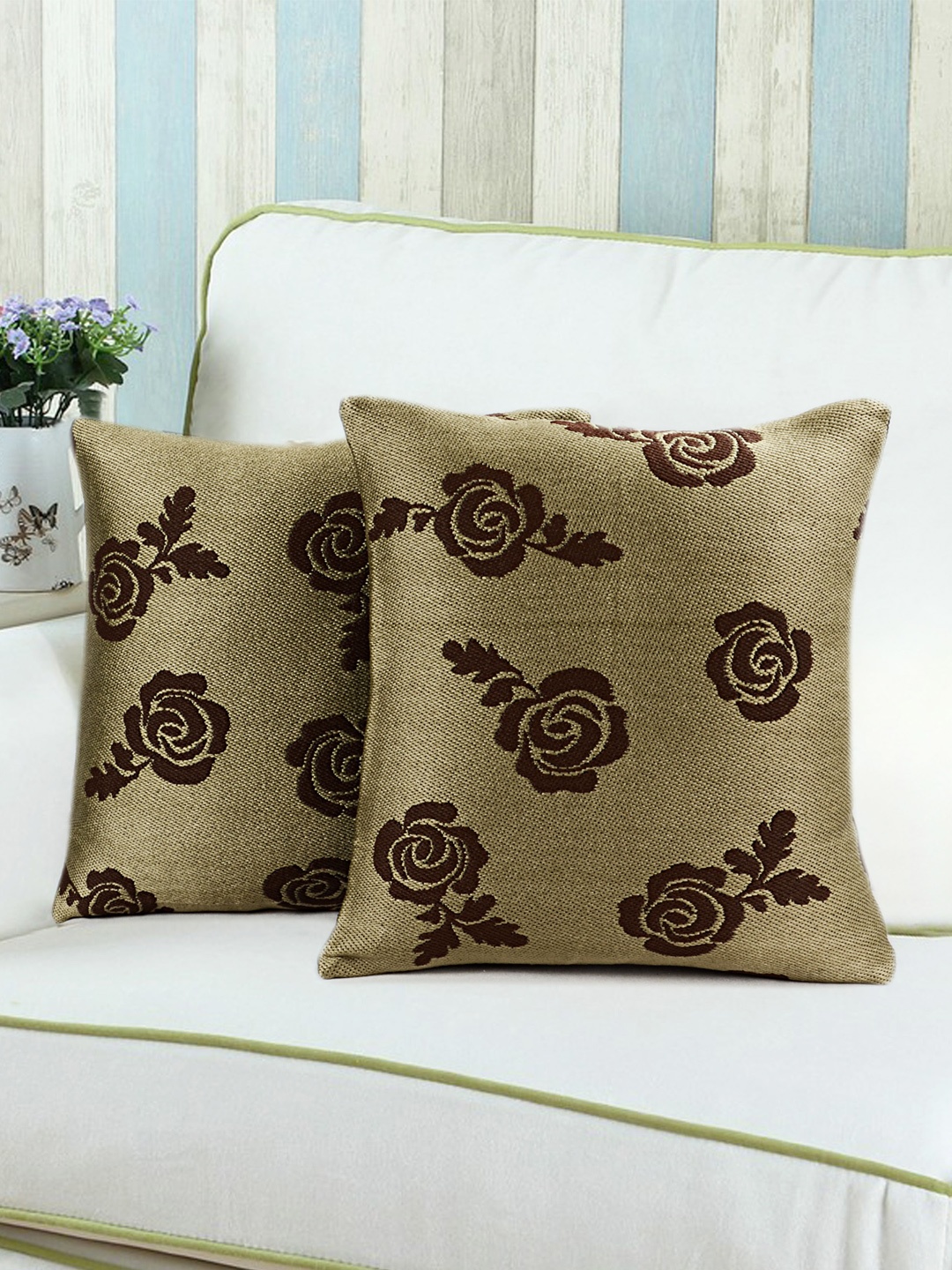 

Saral Home Beige & Brown Set of 2 16'' x 16'' Square Cushion Covers