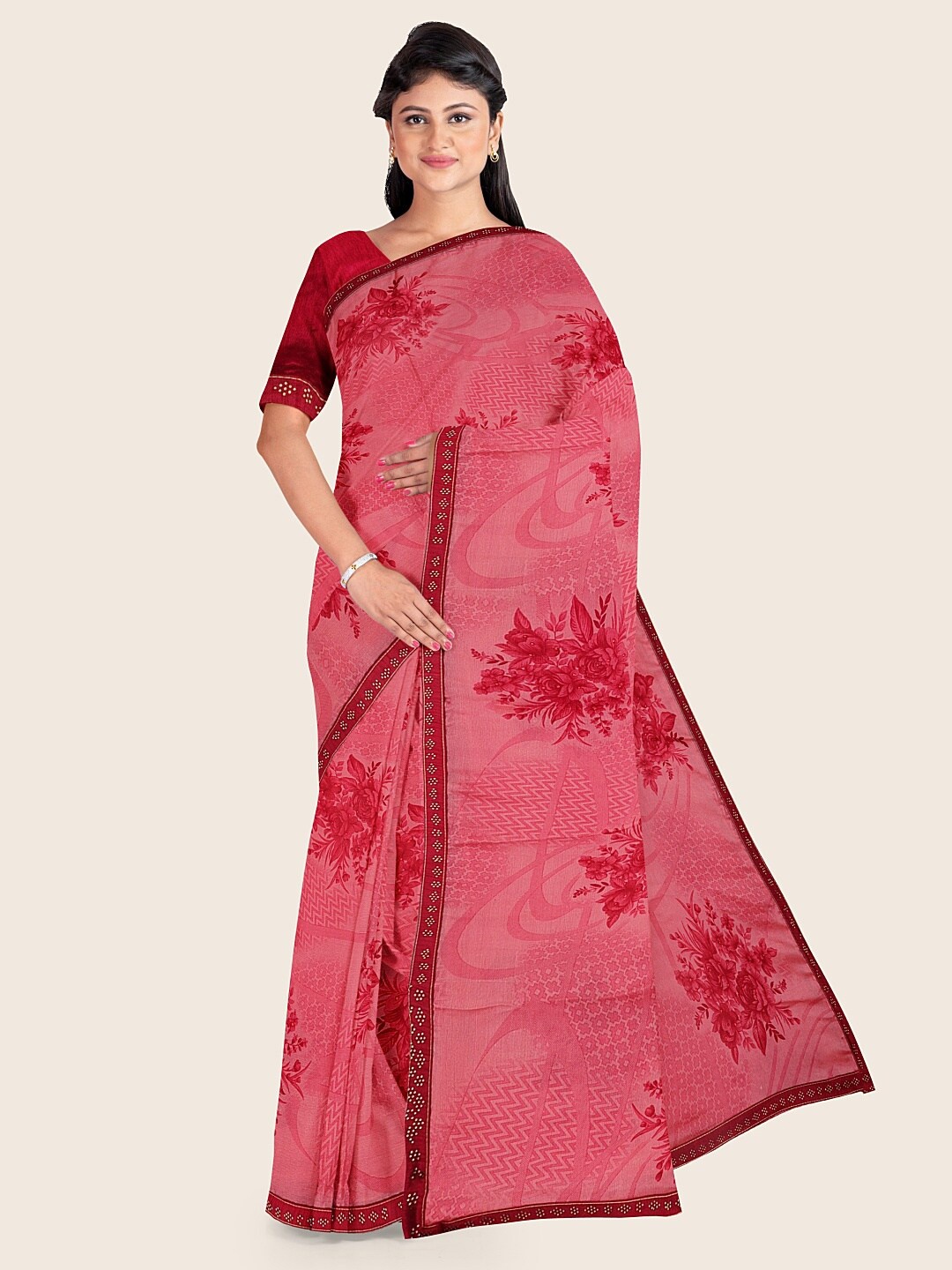 

Pothys Pink & Red Floral Beads and Stones Embroidered Poly Chiffon Saree