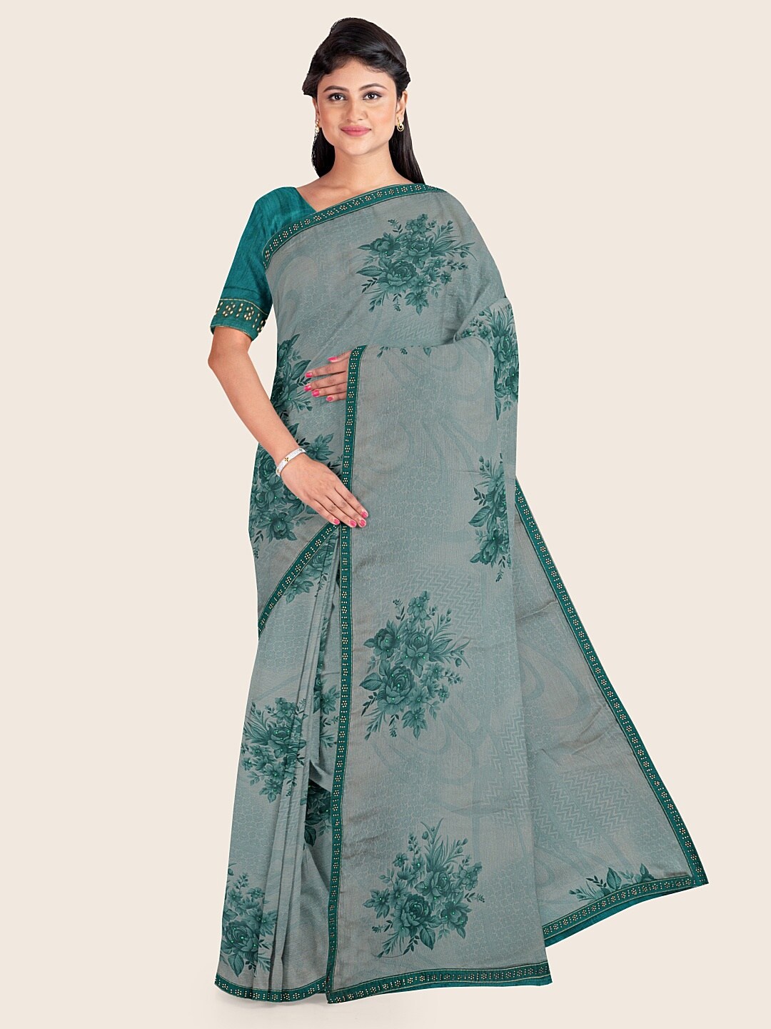 

Pothys Green Floral Printed Beads and Stones Poly Chiffon Saree
