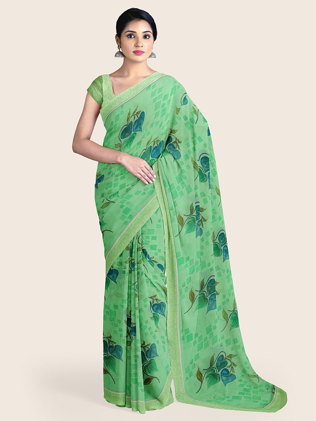 

Pothys Green & Blue Floral Printed Saree