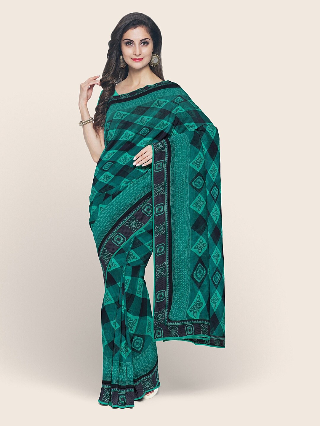 

Pothys Green & Black Geometric Printed Saree